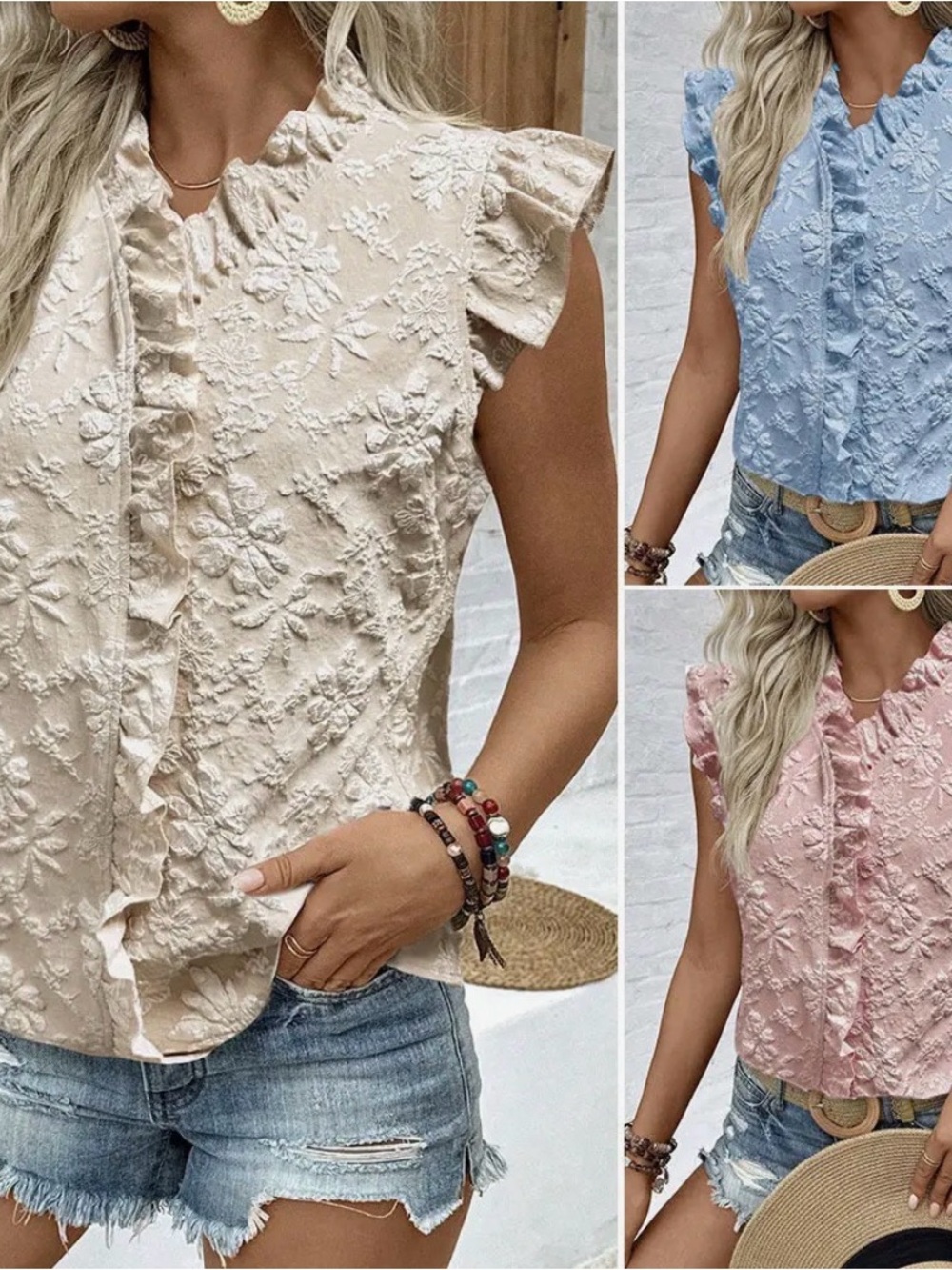 Textured Ruffle Sleeve Blouse - Cream, Blue, Pink